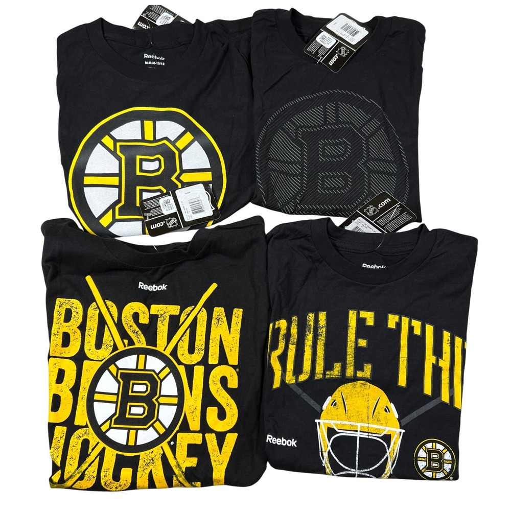 Reebok Boston Bruins Kids Shirts Lot of 4 Black Gold NHL Hockey Size M 10/12 NWT